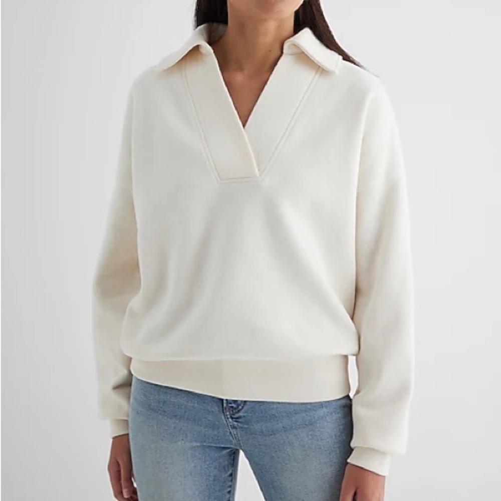 Express Cream Collared V-Neck Pullover Sweater
